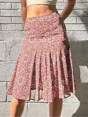 Ann Taylor LOFT Petite Boho Floral Midi Skirt Red Brown Cream XS